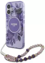 Guess IML Flowers With Pearl Strap MagSafe - dėklas skirtas Apple iPhone 16 Violetinė