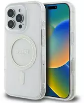 Guess IML Glitter Ring MagSafe Apple iPhone 16 Pro dėklas telefonui skaidrus