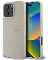 Dėklas Apple iPhone 16 Pro Max Guess kieto dėklo grūdėtas žiedas MagSafe smėlio spalvos