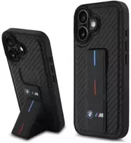 BMW BMHCP16SGSPCCK Apple iPhone 16 6.1" dėklas telefonui juodos spalvos M Grip su stoveliu Smooth and Carbon