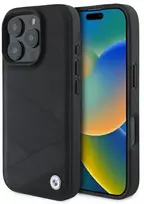 BMW BMHCP16X23RCGPK Apple iPhone 16 Pro Max 6.9" dėklas telefonui juodos spalvos Sign Leather Crossing Lines Pattern
