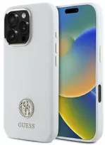 Guess GUHCP16LM4DGPH Apple iPhone 16 Pro 6.3' dėklas telefonui baltos spalvos Silikoninis Logo Strass 4G