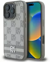 Dėklas DKNY PU odos languotų raštų ir juostelių Apple iPhone 16 Pro rusvai gelsvas