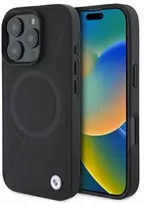 BMW BMHMP16X23RTPK Apple iPhone 16 Pro Max 6.9" dėklas telefonui juodos spalvos Sign Leather Half Textured And Circle MagSafe