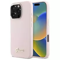 Guess GUHCP16LSMBSLP Apple iPhone 16 Pro 6.3' dėklas telefonui rožinės spalvos Silikoninis Script Metal Logo & Frame