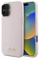 Guess GUHCP16SSMBSLP Apple iPhone 16 6.1' dėklas telefonui rožinės spalvos Silikoninis Script Metal Logo & Frame