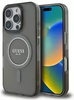 Guess IML Glitter Ring MagSafe Apple iPhone 16 Pro Max dėklas telefonui juodos spalvos