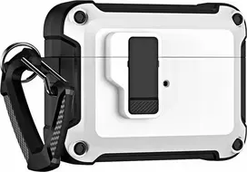 Hurtel Airpods 4 Pro Armor dėklas su karabinu – baltos spalvos