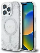 Guess GUHMP16LRGRGES Apple iPhone 16 Pro 6.3" sidabro spalvos kietas dėklas su blizgučiais ir resininiu efektu, MagSafe