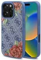 Guess GUHMP16SP4ROPEMCB iPhone 16 6.1″ mėlynas kietas dėklas su 4G gėlių raštu MagSafe