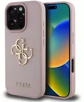 Dėklas Guess PU Grained 4G Metal Logo dėkals tavo Apple iPhone 16 Pro rožinės spalvos