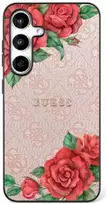 Dėklas Guess Leather 4G Flowers Print Metal Classic Logo MagSafe Samsung Galaxy S25 Ultra dėkals telefonui rožinės spalvos