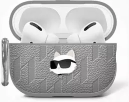Dėklas Karl Lagerfeld Monogram Choupette Head AirPods 4 sidabro spalvos