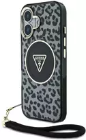 Guess HC IML Leopard Triangle Cord Strap Apple iPhone 16 MagSafe dėklas telefonui juodos spalvos