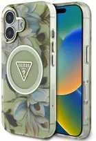 Guess Glitter Flowers Triangle Mygtukai MagSafe Apple iPhone 16 dėklas telefonui žalios spalvos