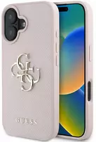 Guess Grained Big 4G Logo Small Classic Logo Apple iPhone 16 dėklas telefonui rožinės spalvos