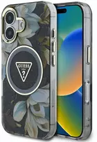 Guess Glitter Flowers Triangle Mygtukai MagSafe Apple iPhone 16 dėklas telefonui juodos spalvos