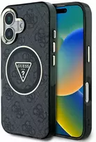 Dėklas Guess IML Metal Glitter 4G Circle Triangle MagSafe iPhone 16 juodos spalvos