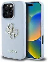 Guess Grained Big 4G Logo Small Classic Logo Apple iPhone 16 Pro dėklas telefonui mėlynos spalvos