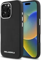 Karl Lagerfeld Saffiano Full Wrapped Elongated Metal Logo MagSafe Apple iPhone 16 Pro dėklas telefonui juodos spalvos