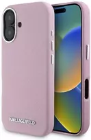 Karl Lagerfeld Saffiano Full Wrapped Elongated Metal Logo MagSafe Apple iPhone 16 dėklas telefonui rožinės spalvos