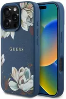 Guess Grained Printed Flower Pattern MagSafe - dėklas skirtas Apple iPhone 16 Pro mėlynas