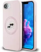 Karl Lagerfeld dėklas skirtas Apple iPhone 16e (SE 4 2025) suderinamas su MagSafe KLHMPSE4SKCHTCP (Silicone Double Heads) rožinės spalvos