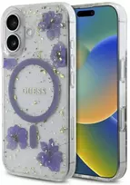 Guess Resin Flowers Glitter MagSafe dėklas iPhone 16 - violetinė