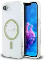 Guess IML Glitter Circle MagSafe iPhone 16e dėklas – skaidrus