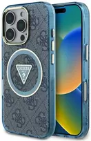 Guess IML Metal Glitter 4G Circle Triangle MagSafe dėklas, skirtas iPhone 16 Pro - Mėlyna
