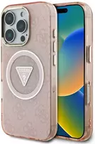 Guess IML Metal Glitter 4G Circle Triangle MagSafe dėklas, skirtas iPhone 16 Pro - Rožinė