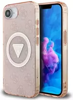 Guess IML Metal Glitter 4G Circle Triangle MagSafe dėklas iPhone 16e - rožinis