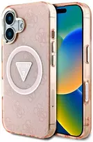 Guess IML Metal Glitter 4G Circle Triangle MagSafe dėklas iPhone 16 - rožinis