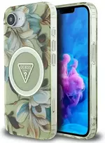 Guess IML Metal Glitter Flowers Triangle MagSafe iPhone 16e Dėklas - Žalias