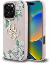 Guess PU Grained Roses 4G Metal Logo dėklas skirtas Apple iPhone 16 Pro rožinės spalvos