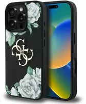 Guess PU Grained Roses 4G Metal Logo dėklas skirtas Apple iPhone 16 Pro juodos spalvos