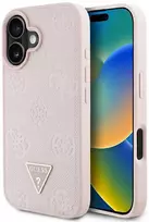 Originalus Dėklas GUESS Grained Hot Stamp Peony Triangle Logo MagSafe skirtas Apple iPhone 16 rožinės spalvos