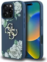 Originalus Dėklas GUESS Grained Roses Big 4G logo skirtas Apple iPhone 16 Pro mėlynos spalvos