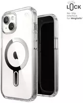 Speck Presidio Perfect-Clear ClickLock & Magsafe – „iPhone 15“ / „iPhone 14“ / „iPhone 13“ dėklas (skaidrus / chromo apdaila / ramus sidabras)