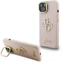 Guess PU Grained 4G Logo Stand Camera Frame dėklas skirtas Apple iPhone 15 rožinės spalvos