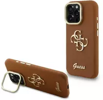 Guess PU Grained 4G Logo Stand Camera Frame dėklas skirtas Apple iPhone 15 Pro Max rudos spalvos