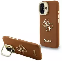 Guess PU Grained 4G Logo Stand Camera Frame dėklas skirtas Apple iPhone 16 rudos spalvos