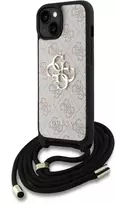 Guess PU 4G Metal Logo Crossbody Strap dėklas skirtas Apple iPhone 15 rožinės spalvos