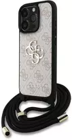 Guess PU 4G Metal Logo Crossbody Strap dėklas skirtas Apple iPhone 16 Pro rožinės spalvos