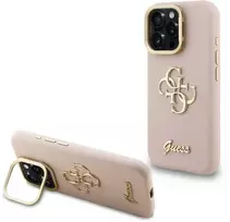 Guess PU Grained 4G Logo Stand Camera Frame dėklas skirtas Apple iPhone 15 Pro rožinės spalvos