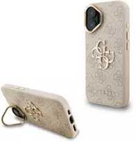 Guess PU 4G Metal Logo Stand Camera Frame dėklas skirtas Apple iPhone 16 rožinės spalvos