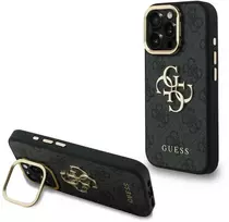 Guess PU 4G Metal Logo Stand Camera Frame dėklas skirtas Apple iPhone 15 Pro juodos spalvos
