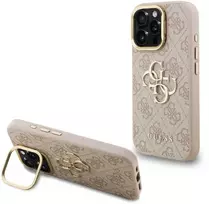 Guess PU 4G Metal Logo Stand Camera Frame dėklas skirtas Apple iPhone 15 Pro rožinės spalvos