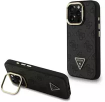 Guess PU 4G Strass Triangle Logo Stand Camera Frame MagSafe dėklas skirtas Apple iPhone 15 Pro Max juodos spalvos