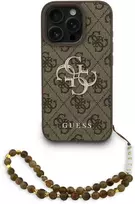 Guess PU 4G Metal Logo Strap dėklas skirtas Apple iPhone 16 Pro rudos spalvos